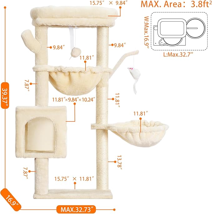 Heybly Cat Tree, 39.4 Inches Tower Condo with Scratching Post, Cat Tower for Indoor Cats, Fully Wrapped Sisal Pole, Soft Platform, 2 Baskets and Dangling Toy, Beige HCT006SM