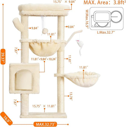 Heybly Cat Tree, 39.4 Inches Tower Condo with Scratching Post, Cat Tower for Indoor Cats, Fully Wrapped Sisal Pole, Soft Platform, 2 Baskets and Dangling Toy, Beige HCT006SM