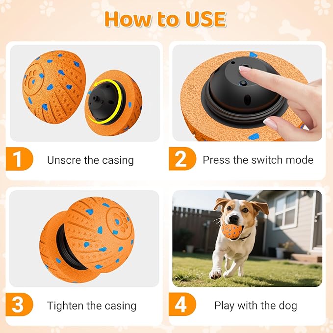 Self-Moving Dog Toy Ball for Small Medium Dogs, 6In Automatic Rolling Bouncing Vibrating Dog Ball, E-TPU Chew-Proof Waterproof, Anxiety Relief Boredom Buster for Indoor Outdoor, O18-Orange