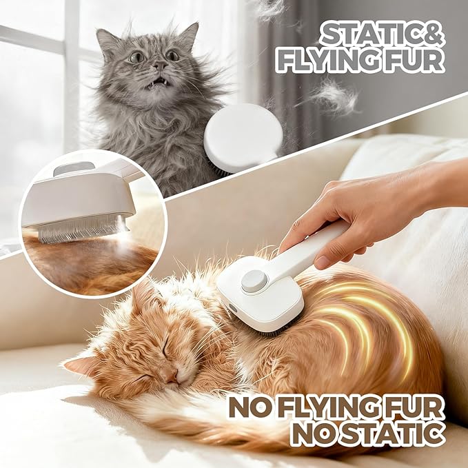 Pet Steam Brush for Cats & Dogs - 3 in 1 Cat Brushes for Shedding - Self Cleaning Dog Grooming Brush with 60mL Water Tank and 2-speed Adjustable Spray for Long/Short Hair Pets