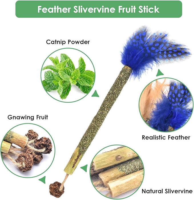 Bissap 12 PCS Silvervine Chew Sticks for Cats, Catnip Chew Sticks Cat Toys for Indoor Cat Kitten Teeth Grinding Interactive Feather Toys for Aggressive Chewers Dental Care