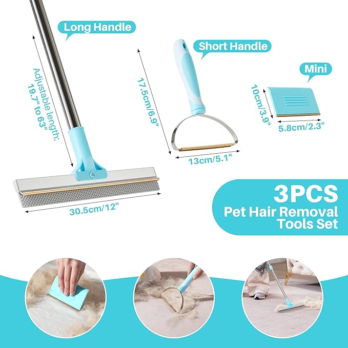 JOYMOOP 3 PCS Pet Hair Removal Tools, A 63" Adjustable Long Handle Carpet Rake and Short Handle Pet Hair Removal, 1 PCS Mini Cat Dog Hair Carpet Rake with Metal & Silicone Scraper for Carpet, Sofa