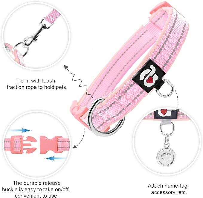 azuza Reflective Dog Collar,Soft Neoprene Padded Pet Collar with ID Tag Ring,Adjustable for Small Dogs,Pink,S