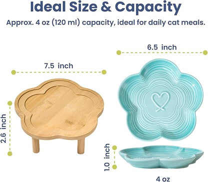 PawsPik Flower Ceramic Cat Feeding Plate with Raised Bamboo Stand, Elevated Whisker-Friendly Pet Bowl, Anti-Slip Stable Design, Dishwasher Safe (Blue)