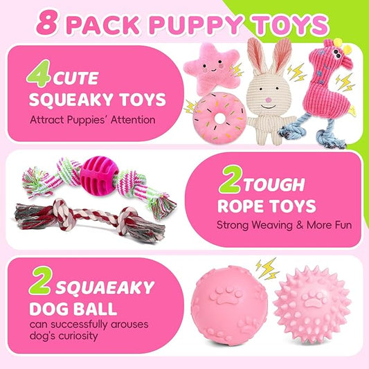 8 Pack Luxury Puppy Toys for Teething Small Dogs, Puppy Chew Toys with Squeaky Dog Toys, Balls and Rope Dog Chew Toys, Dog Toys to Keep Them Busy (Pink, 8-Pack)