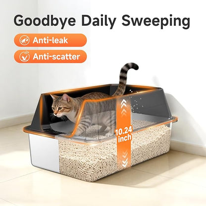 Stainless Steel Litter Box with High Sides Lid, XL High Sided Cat Litter Pan, Open Top Extra Large Metal Cat Litter Box, Non-Stick Leakproof, Litter Scoop Included, Black