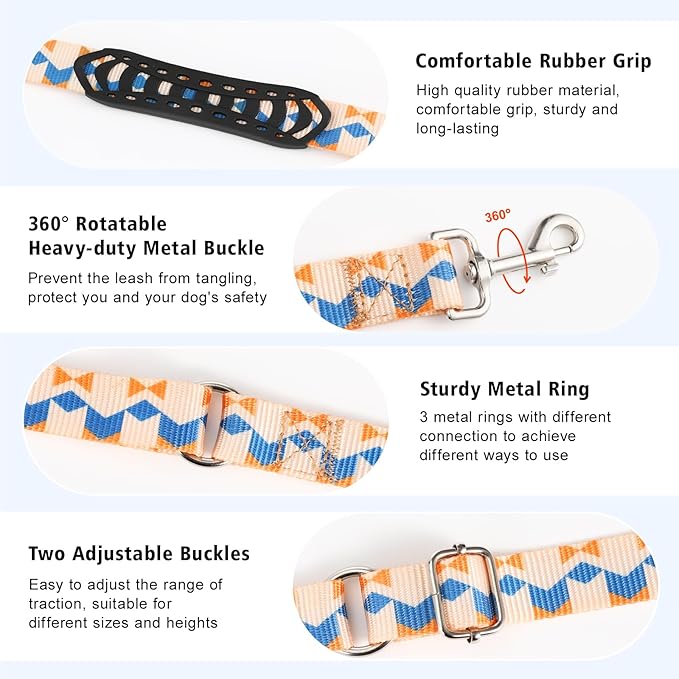 Hands Free Dog Leash, 8.5ft Adjustable Hands Free Leash for Medium Dogs, Versatile Handheld Crossbody Waist Lead with 3 Rings, for Running Jogging Walking, Sponge Handle, Geometric Orange