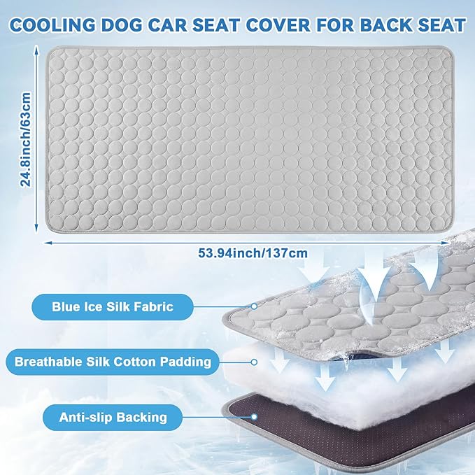 Hahafelt 54"x24.8" Dog Cooling Mat for Car Back Seat, Ice Silk Pet Bed Mat, Non Slip Summer Cooling Pad for Dogs and Cats, Fits Backseat Extenders Protector, Trucks, Suvs, Indoor & Outdoor (Gray)