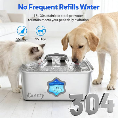Kastty Large Dog Water Fountain, 15L/4Gal Stainless Steel Pet Water Bowl Dispenser with 5-Stage Filtration, AUTO Dual-Color LED, Visual Window, Ultra Quiet, for Large Medium Dogs & Multi-pet, FS81