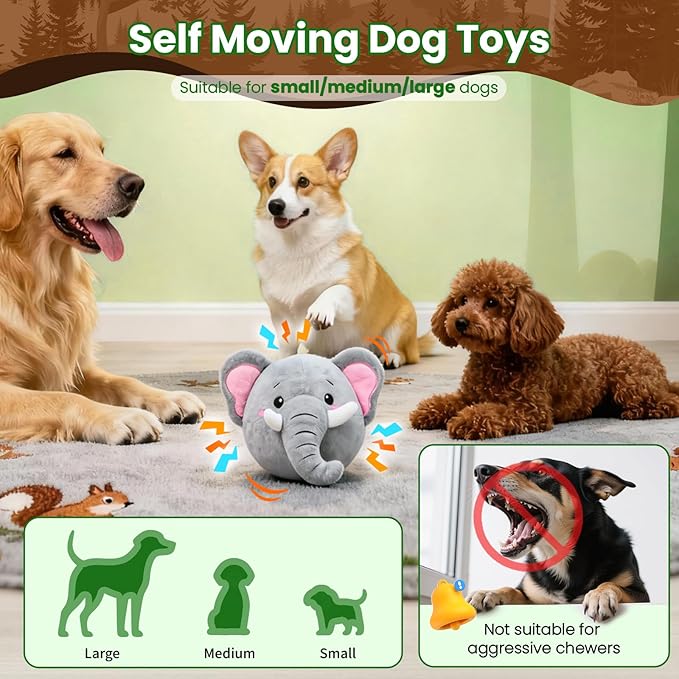 Interactive Dog Toys, Self Moving Dog Toy to Keep Them Busy, Rechargeable Vibrating Dogs Toy/Squeaky Bouncing Ball for Small Medium Large Dogs with Jumping Music Talking Mode (Elephant)