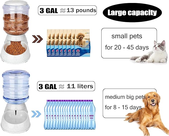 Old Tjikko Automatic Feeder and Water Dispenser in Set,Gravity Food Feeder and Waterer with Pet Food Mat,Large, 3 Gallonx 2, Gray (Water and Food Dispenser Set)