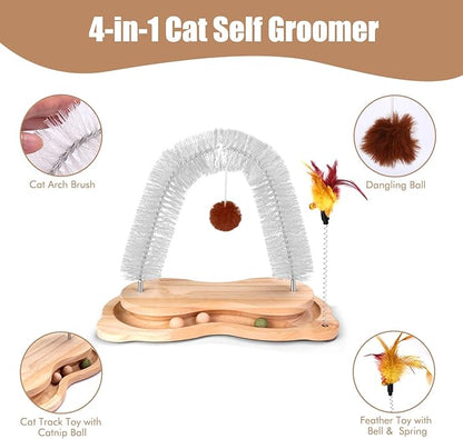 Cat Self Groomer, Cat Brushes for Indoor Cats Self Grooming Face Back Scratcher Rubbing Arch Post Corner Massager w/ Kitten Interactive Catnip Ball Track Toy Must Haves for Chasing Hunting Exercise