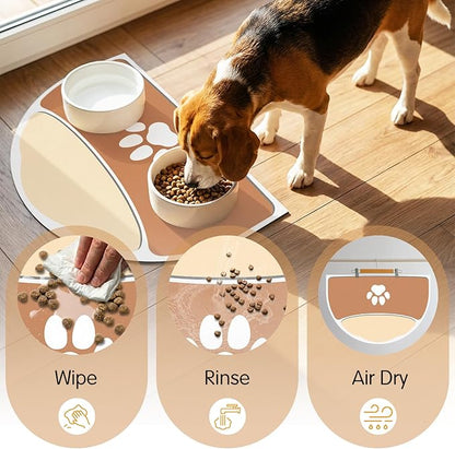 Pet Feeding Mat Semicircle, 20''x12'' Absorbent Mat for Cat Dog Water Bowl, Quick Dry Dog Water Dispenser Mat, Easy Store Cat Food Mats Wipe Clean, Fit with Cage, Living Room, Garden, Tan & Beige