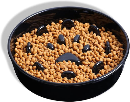 Dog Slow Feeder Bowl, Round Ceramic Pet Food Bowl for Medium Breed, Fun Raised Dog Bowls to Slow Down Eating (Black)