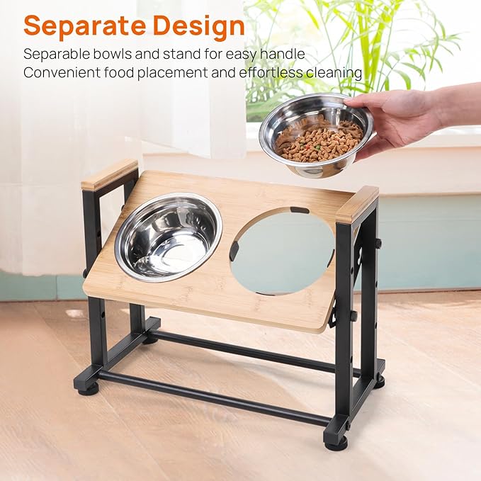 Adjustable Height Pet Feeder Stand with 2 Dishwasher-Safe Stainless Steel Bowls – Natural Wood Top & Black Metal Frame Elevated Food/Water Station for Dogs/Cats Under 66LBS