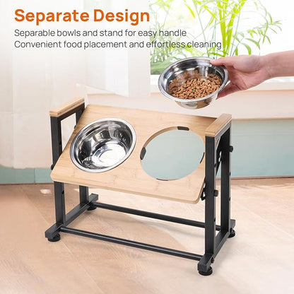 Adjustable Height Pet Feeder Stand with 2 Dishwasher-Safe Stainless Steel Bowls – Natural Wood Top & Black Metal Frame Elevated Food/Water Station for Dogs/Cats Under 66LBS