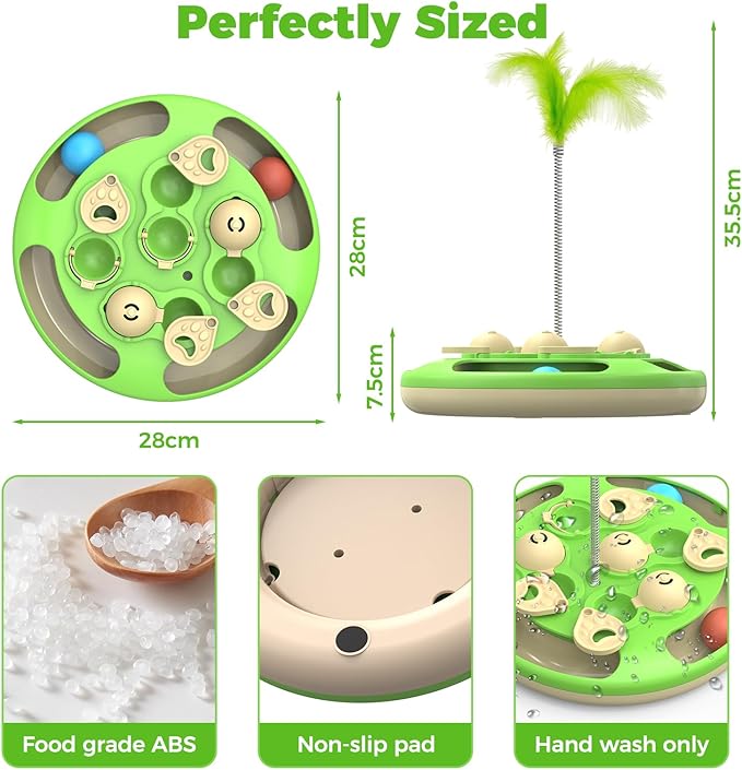 Cat Puzzle Toys Games Level 3 in 1 with Track Balls, Feather Teaser & Treat Feeder | Non-Slip Base | Mental Stimulation Enrichment for Indoor Cats | Kitty Gift, Green