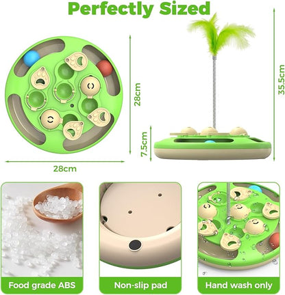 Cat Puzzle Toys Games Level 3 in 1 with Track Balls, Feather Teaser & Treat Feeder | Non-Slip Base | Mental Stimulation Enrichment for Indoor Cats | Kitty Gift, Green