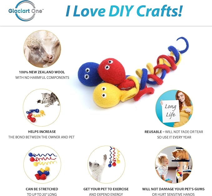 Glaciart One Felt Spring Cat Toy – 3 Pcs Soft Fuzzy Enrichment 100% Natural Wool - Interactive Stretchable Play Set - Safe for Pets, Non-AZO Colored Dyes - 4” Long