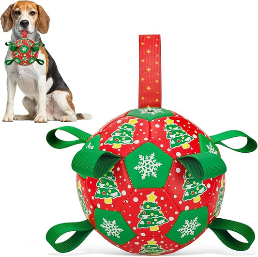 Christmas Soccer Ball Dog Toy With Straps for Interactive Play and Tug of War - Christmas Tree & Snowflower Pattern for Small, Medium, Big Dogs (6 Inches)