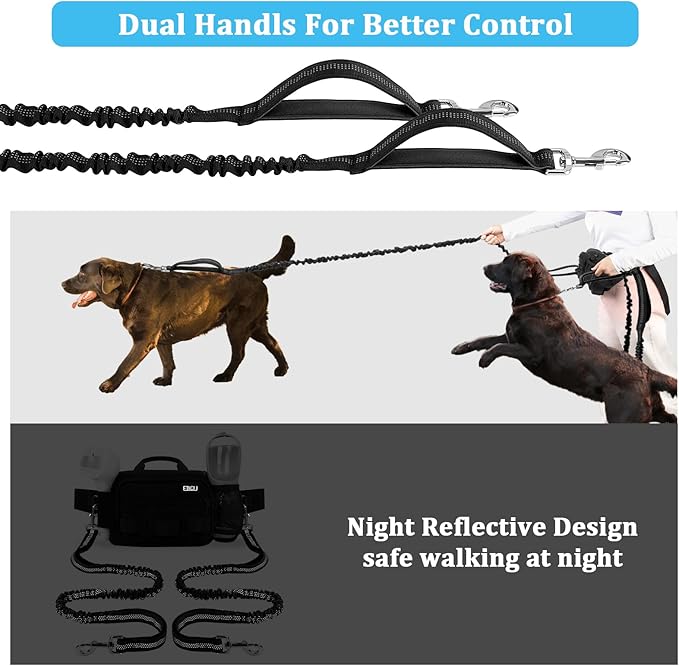 ETACCU Hands Free Dog Leash with Zipper Pouch, Waist Belt for Large Medium 2 Dogs for Running, Walking, Jogging and Hiking, Dual Padded Handles and Durable Bungee - Black (2 Dog)