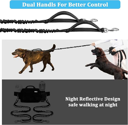 ETACCU Hands Free Dog Leash with Zipper Pouch, Waist Belt for Large Medium 2 Dogs for Running, Walking, Jogging and Hiking, Dual Padded Handles and Durable Bungee - Black (2 Dog)