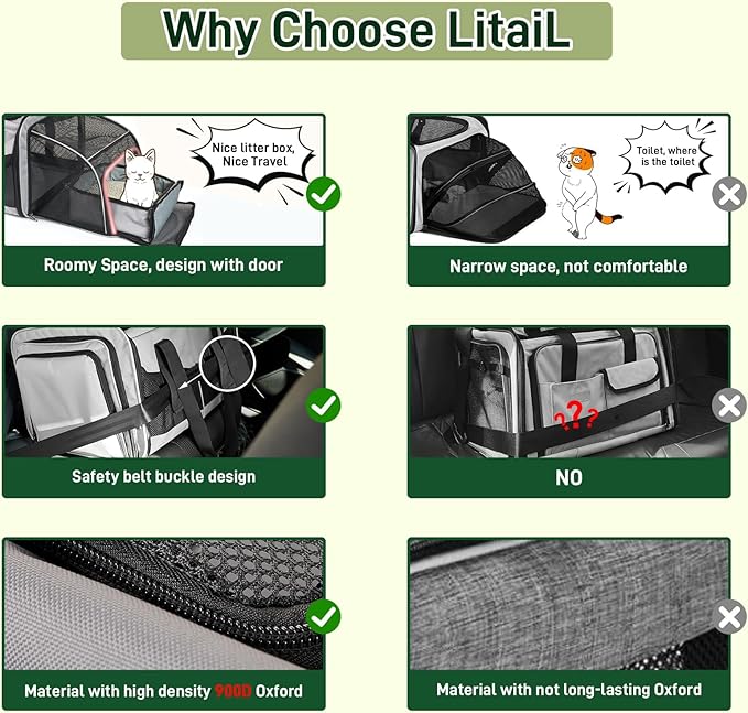 Expandable Cat Carrier for 2 Cats, Double Compartment Large Pet Carrier for Long Distance Car Travel, Includes 2 Portable Litter Boxes, Foldable Multi-Cat Travel for Road Trips & Camping, Gray