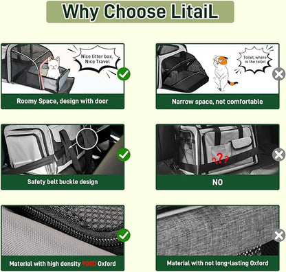 Expandable Cat Carrier for 2 Cats, Double Compartment Large Pet Carrier for Long Distance Car Travel, Includes 2 Portable Litter Boxes, Foldable Multi-Cat Travel for Road Trips & Camping, Gray