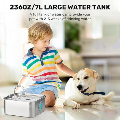 FUKUMARU Dog Water Fountain, 1.8 Gal/7L Stainless Steel Large Pet Fountain for Multi-Pet Households, 2026 Upgraded Ultra Quiet Automatic Water Dispenser with 4-Stage Filtration & 3 Filters, Silver