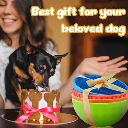 Patelai 4 Pcs Dog Enrichment Lick Bowls, Interactive Dog Slow Licking Feeder Bowl, Boredom Anxiety Eliminate, Mat Wobble Silicone Freeze Feeder for Pet Oral Health for Calming Toy, 4 Colors