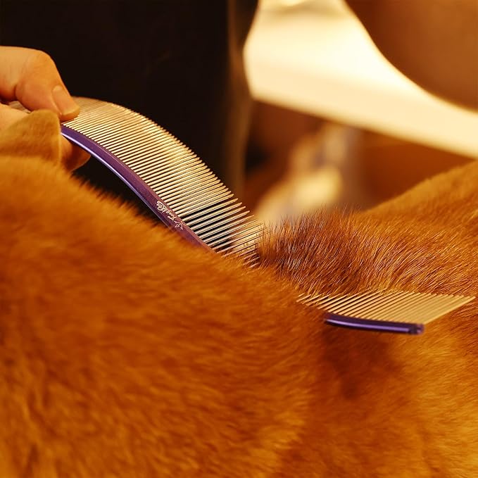 Pet Comb Stainless Steel Comb for Dogs Cats Pet Hair Comb for Grooming Curved with Rounded and Smooth Ends Stainless Steel Teeth Tools for Remove Tangles and Knots (BULE)