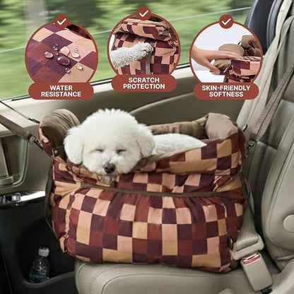 BurgeonNest Dog Car Seat for Small Dogs, Calm Blue Pet Car Bed Under 25 lbs, Soft Booster Fully Detachable and Washable Cat Carseats with Storage Pockets and Clip-On Leash Portable Travel Carrier