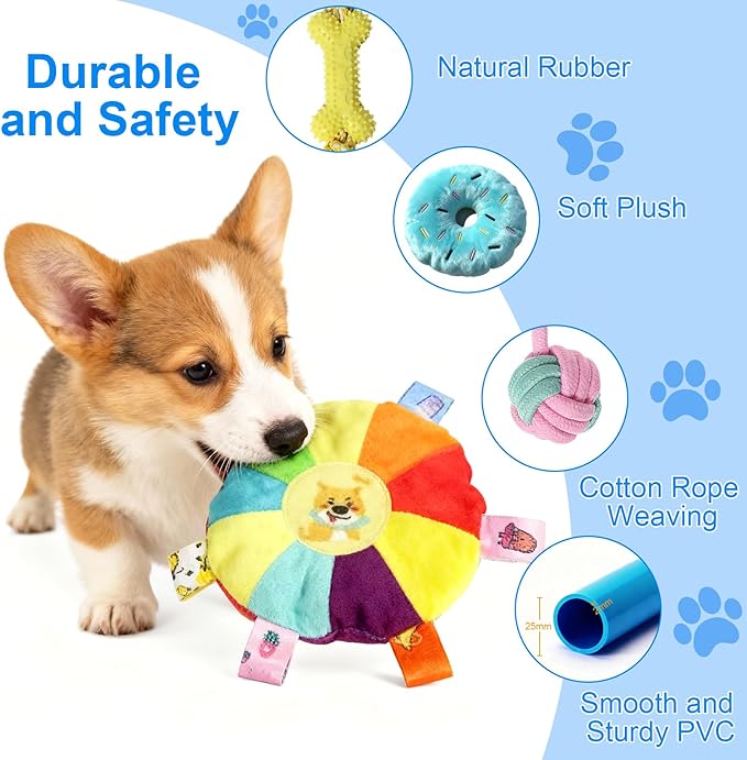 Puppy Play Gym with 8 Hanging Toys - Indoor Jungle Gym for Small Dogs, Interactive Enrichment Activity Center for Puppies, 19.5" PVC Frame with Teething Squeaky Toys to Keep Them Busy