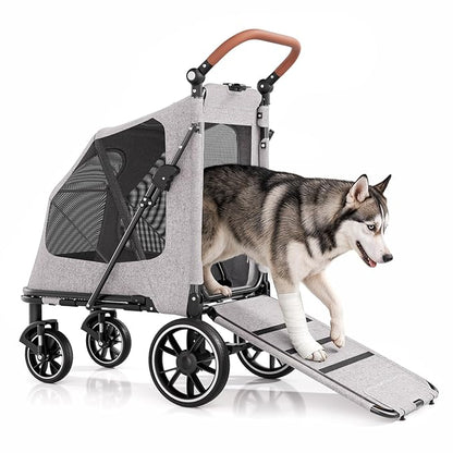 MoNiBloom Large Pet Stroller with Anti-Slip Ramp, Heavy Duty Dog Stroller Up to 99lb, Safe & Gentle Mobility Aid, All-Terrain Wheels, Idea for Injured, Disabled, & Senior Dog