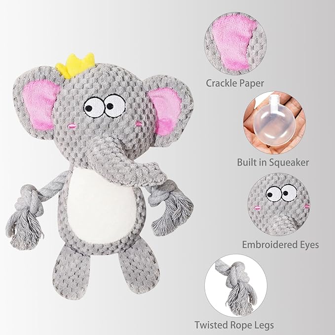Cute Animals Interactive Squeaky Dog Toy with a Vocal Bladder, Crinkle Paper Stuffed Soft Cotton Chew Toy, Teething Rope Tug of War Pull Toy to Keep Them Busy for Puppy, Small Dogs - Gray Elephant