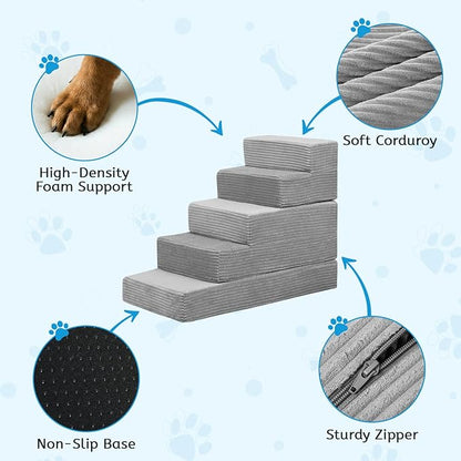 Dog Stairs for Small Dogs, 5 Step Pet Stairs for High Beds and Couch, Dog Steps for Bed Balanced 22.4" H, Foldable Pet Ramp for Large Cats Climb, Non-Slip Bottom Doggy Step, Light Grey