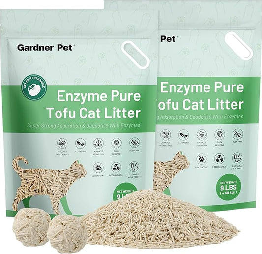 Gardner Pet Tofu Cat Litter, Cat Litter Flushable Clumping Cat Litter, Low Dust, Odor Control, Plant-Based Natural Kitten Litter with Fast Absorption & Low Tracking (9LBS*2)