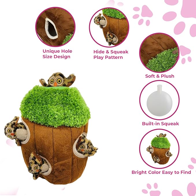 Glow Pups Dog Hide and Seek Toy, Interactive Burrow Dog Toy with Squeaker, Plush Owl in Tree for Small Dogs, Promotes Mental Stimulation, Woodland Style, Brown, 3-Pack