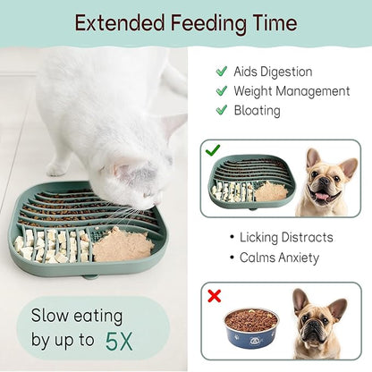 Slow Feeder Dog Bowl for Medium & Small Pets, Anti Choking Pets Slow Feeder with 3-Zone Puzzle Design, Wet Food Silicone Cat Bowl with Non-Slip Base, Dishwasher Microwave Safe(Green, 1.5 Cup)