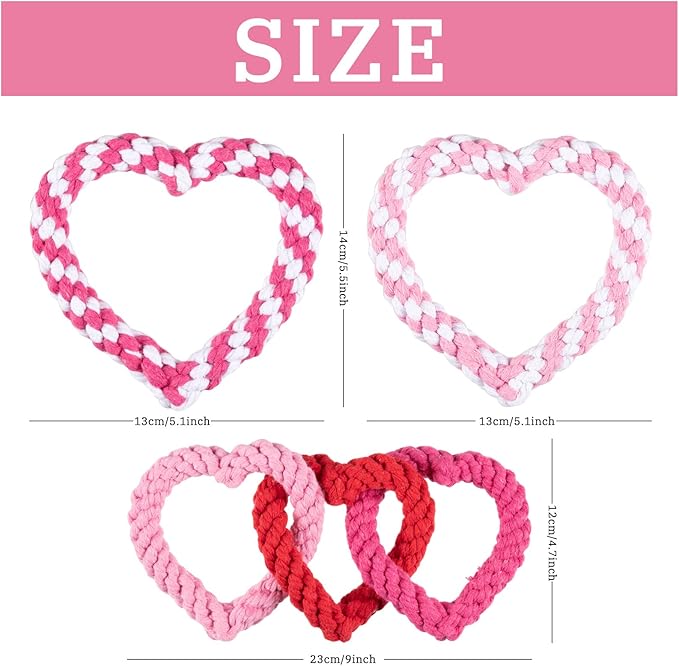 Whaline 3 Pieces Heart Dog Chew Toys Heart Shaped Dog Rope Red Pink Pet Chew Rope Puppy Throwing Toy for Valentine's Day Small Medium Pet Teaching Teeth Cleaning Chewing Supplies