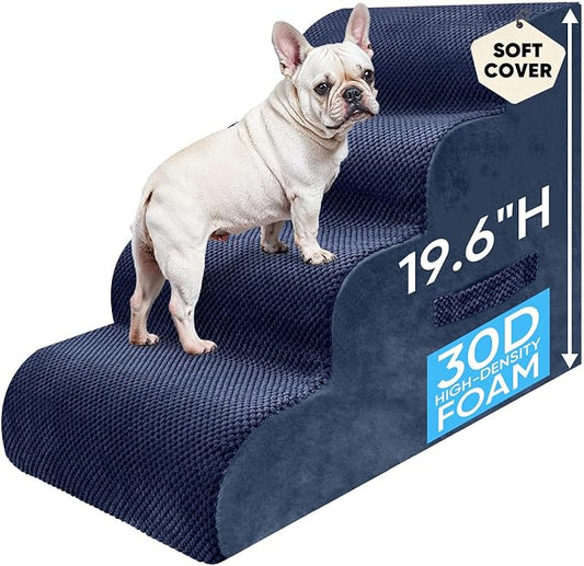 PAWSCART Pet Stairs for Dogs 4-Step, 19.6" H Pet Stairs for High Bed, Couch Sofa & Chair, 30D Material Soft Foam Dog Steps with Non-Slip Bottom Surface Removable Washable Cover, Blue