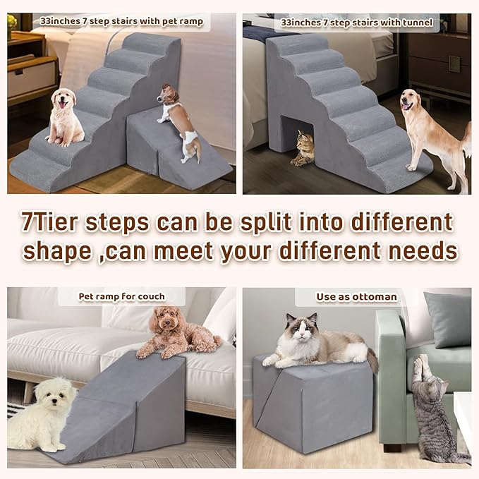 7-Step Dog Stairs for Bed 30-36" H, Dog Steps for High Bed, Pet Steps for Small, Older Pets, Non-Slip Balanced Pet Ramp Indoor, Grey