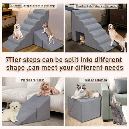 7-Step Dog Stairs for Bed 30-36" H, Dog Steps for High Bed, Pet Steps for Small, Older Pets, Non-Slip Balanced Pet Ramp Indoor, Grey