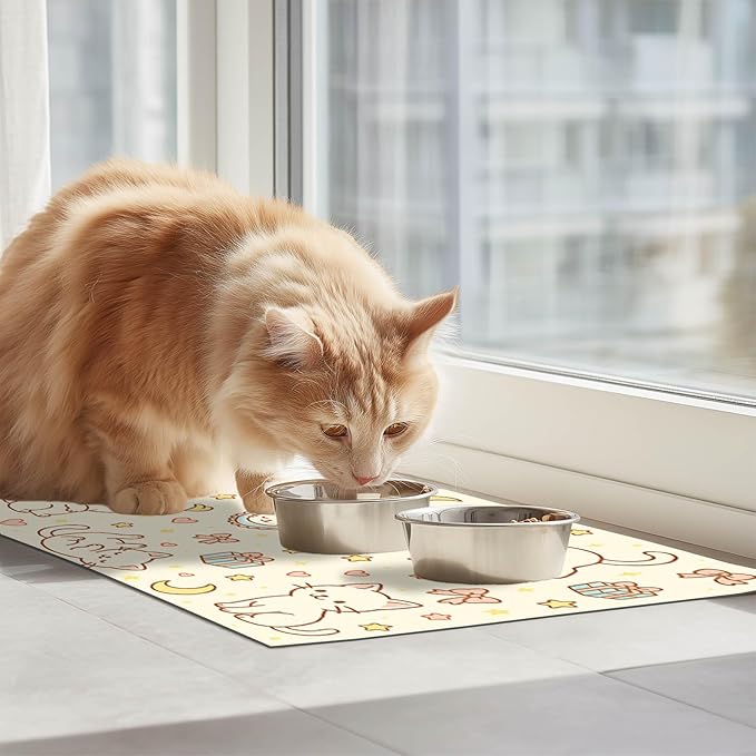Cute Sweet Cat Food Mat for Dog Food Mat Food and Water Bowl Pet Feeding Bowl Mats for Pet Feeding Areas Easy Clean Fast Dry Feedings Pad Cats, Kittens & Small Dogs 24" x 16"