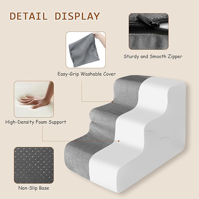 Pet Dog Stairs for Small Dogs, 2 in 1 Transformable 3-Step Pet Stairs and Wave Anti-Fall Slope for Short Legs and Long Legs Dog, for Couch (12-19 in) with Durable Non-Slip Waterproof Cover（Grey）