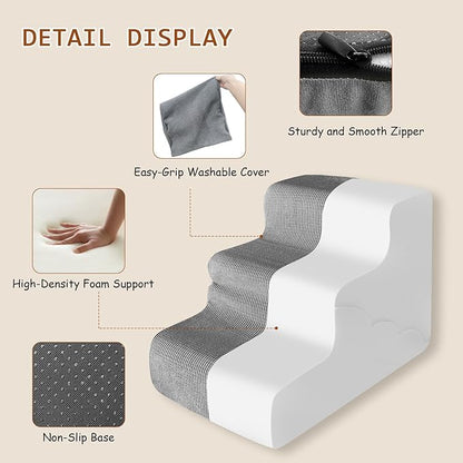 Pet Dog Stairs for Small Dogs, 2 in 1 Transformable 3-Step Pet Stairs and Wave Anti-Fall Slope for Short Legs and Long Legs Dog, for Couch (12-19 in) with Durable Non-Slip Waterproof Cover（Grey）