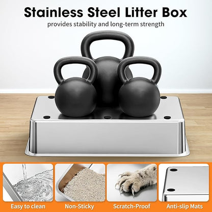 2PACK XXXL Stainless Steel Cat Litter Box with High Sides Lid, Large Litter Box for Big&Multiple Cats, Metal Kitty Litter Boxes with Footboard & Scoop, Anti-Leakage, Non-Sticky, 28.3×20.2×11.5inch
