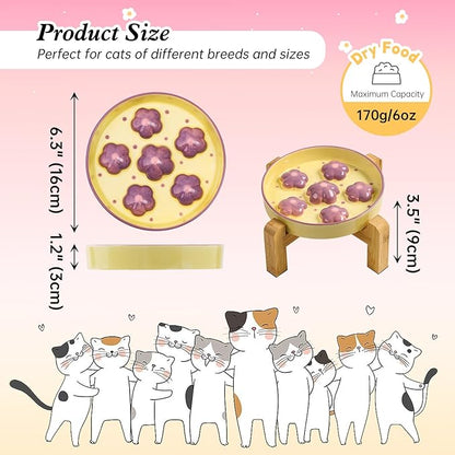 Elevated Slow Feeder Cat Bowl - Maze Puzzle Cat Food Dish with Bamboo Stand, Anti-Slip - Raised Base for Comfortable Eating - 6 OZ - Light Purple Flower