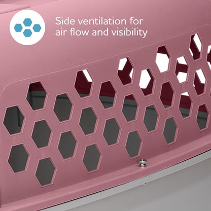 2-Door 24" Plastic Portable Dog Kennel, Pink – Lightweight Travel Crate for Small Dogs & Cats, Indoor/Outdoor Use with Secure Latches