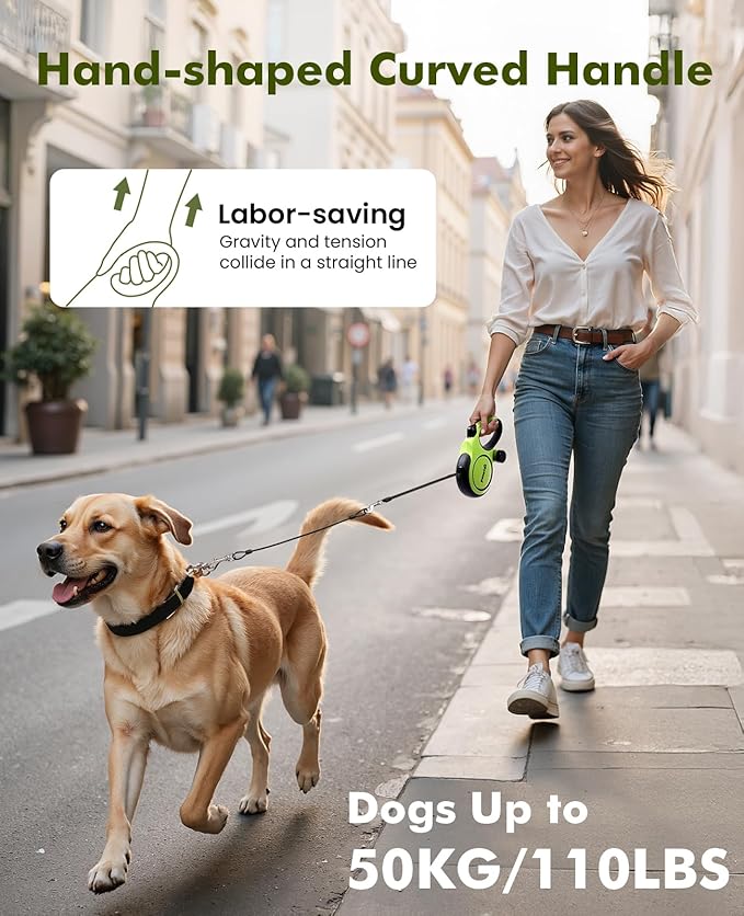 Pecute Retractable Dog Leash with Chew Proof Steel Cable, 26ft Heavy Duty Retractable Pet Leash with Poop Bag Holder, Anti-Slip Grip, for Medium/Large Power Chewers & Pullers 33lbs-110lbs (Green)